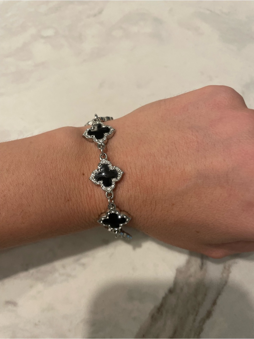 Silver-Tone Bracelet with Black Clover Motifs